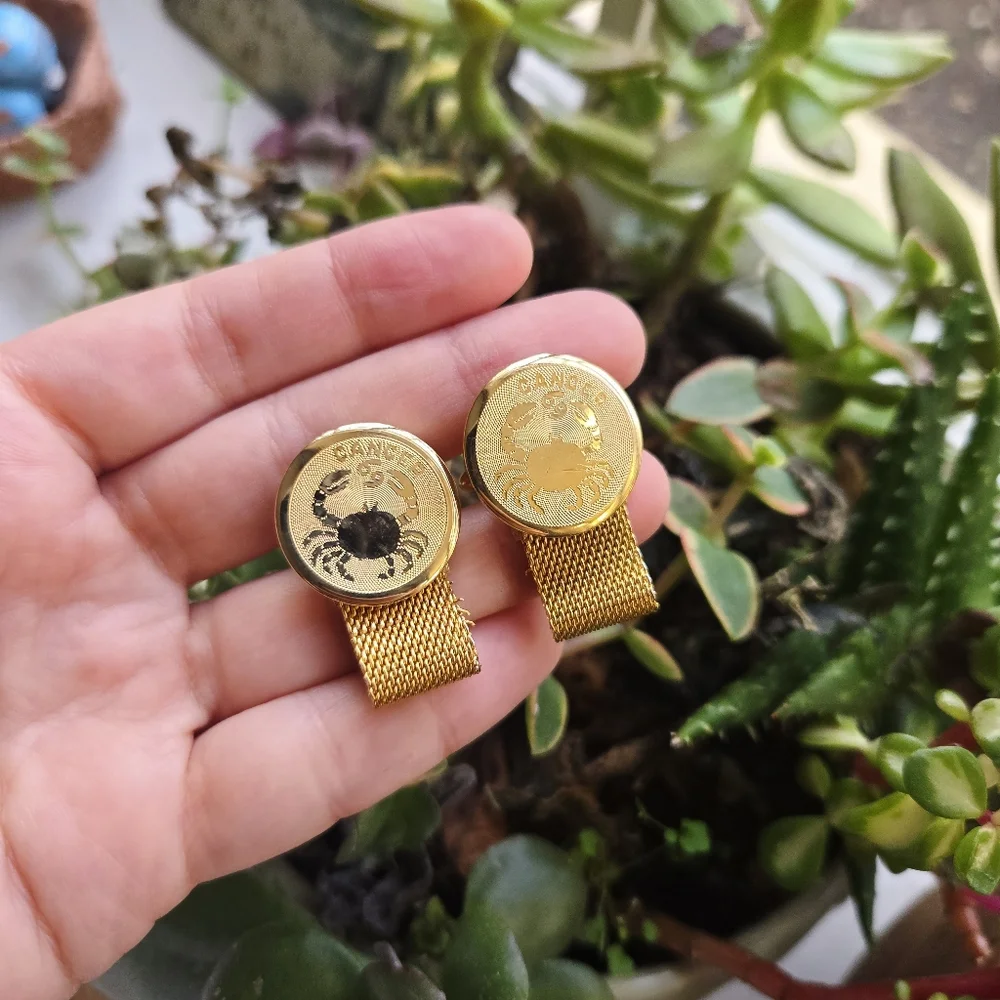 Vintage Gold Zodiac Cancer Astrological Crab Round Cuff Links